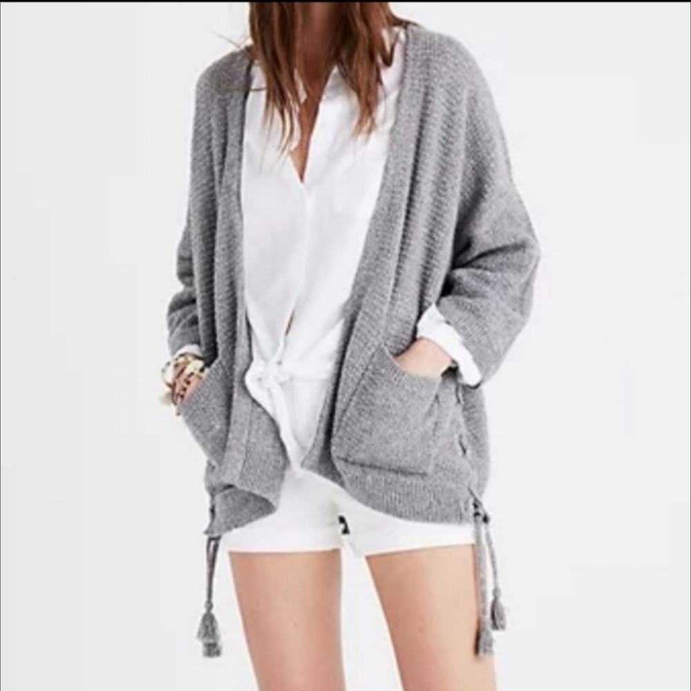 Madewell Laced Sides Tassel Tie Oversized Open Front Cardigan Pockets Gray XS